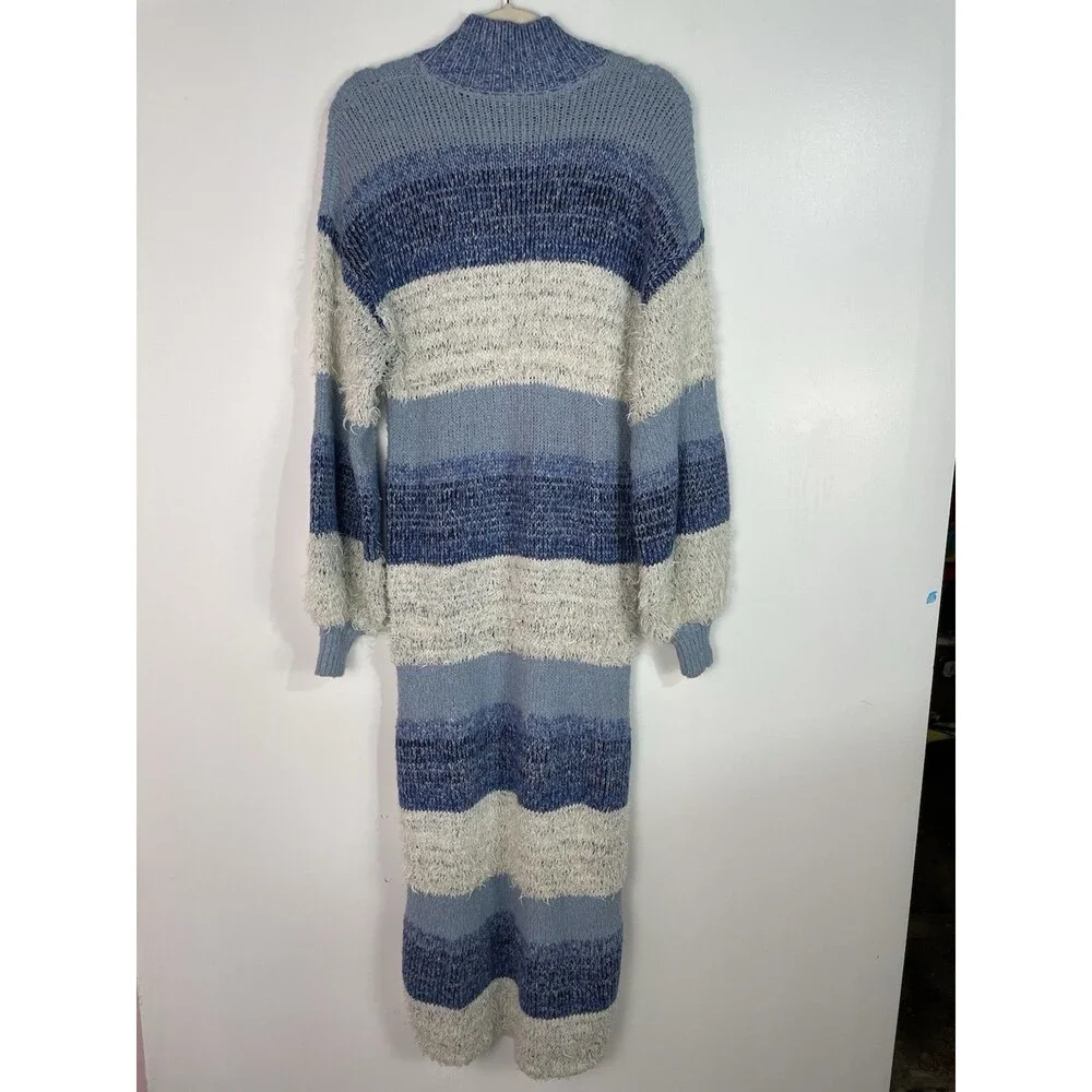 Free People Sweater Dress M Making Waves Blue Striped Eyelash-knit‎ Granola Girl